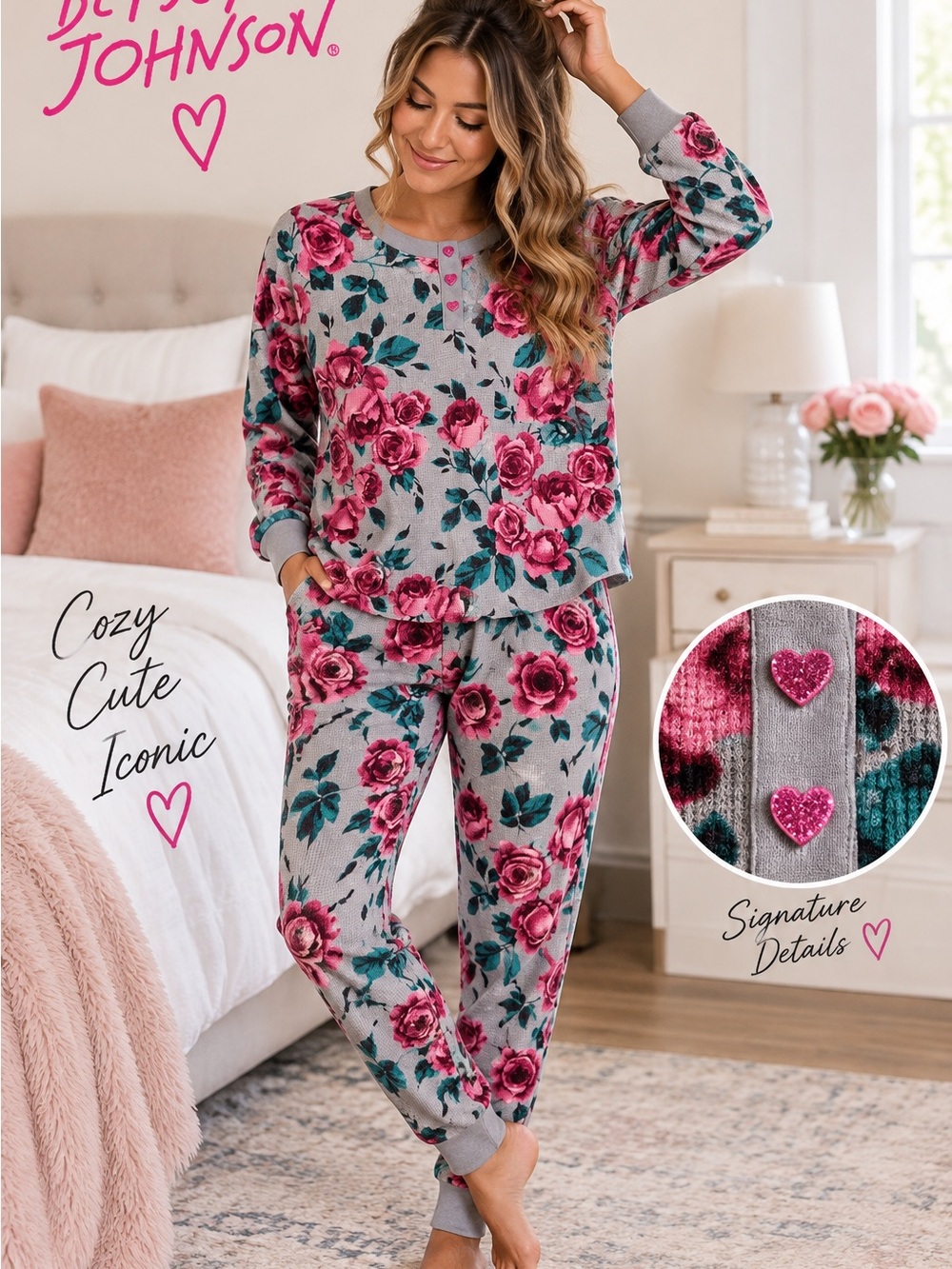 Betsey Johnson Floral Waffle Knit Pajama Set Pink Roses M